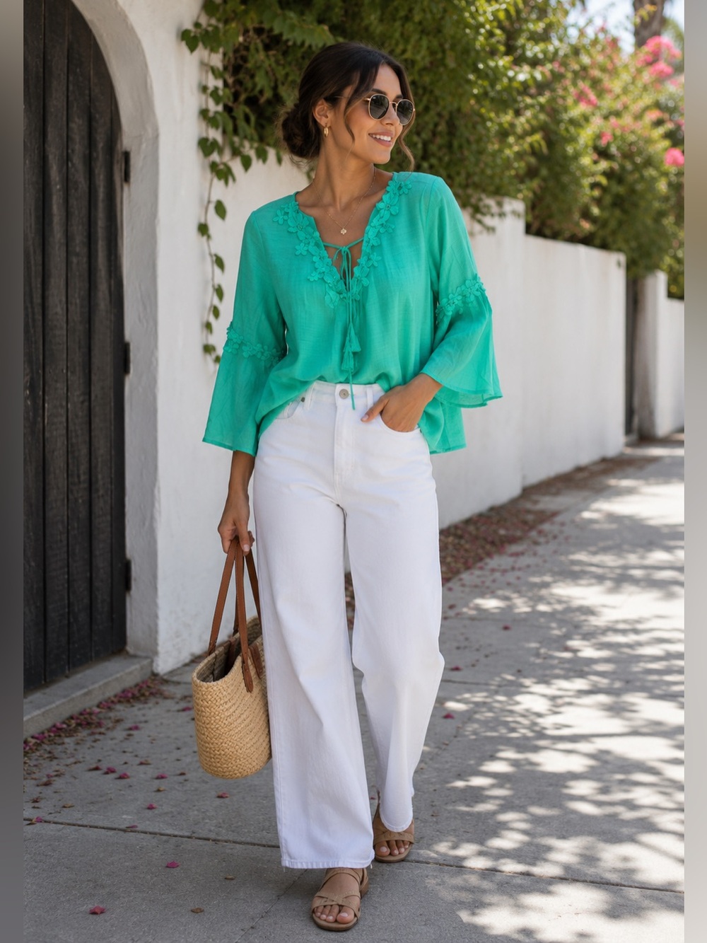 NY Collection Top Green Floral Crochet Tie V Neck Flare Sleeve